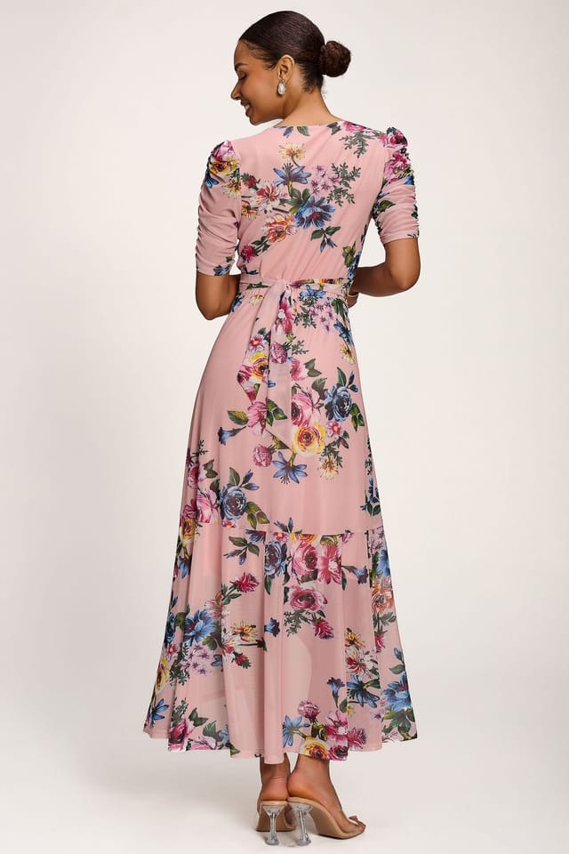 Jolie Moi Jolie Moi Women's Ruched Sleeve Mesh Maxi Dress in Light Pink - 2