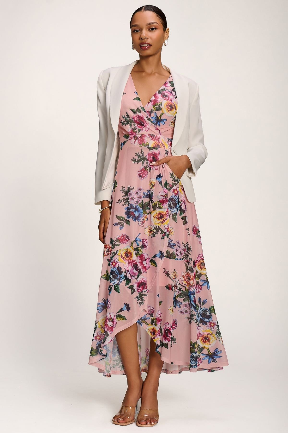 Jolie Moi Jolie Moi Women's Ruched Sleeve Mesh Maxi Dress in Light Pink - 4