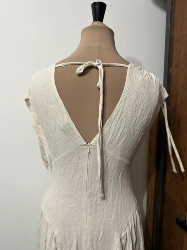 ASOS Design ruched shoulder drop waist midi dress in linen oat minimalist clean summer size 8