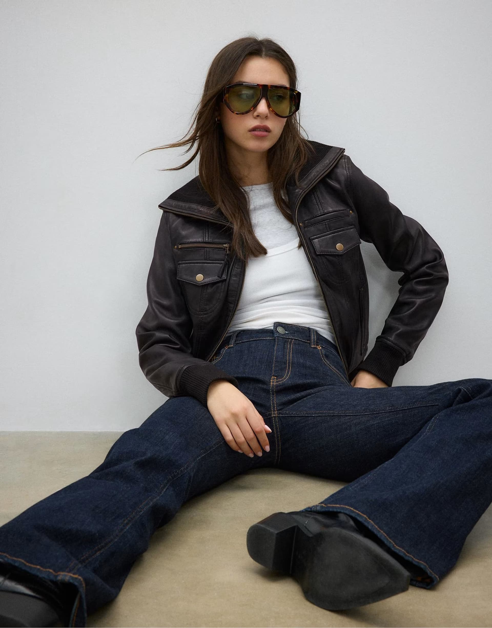 ASOS Stradivarius Ribbed combined leather jacket in black