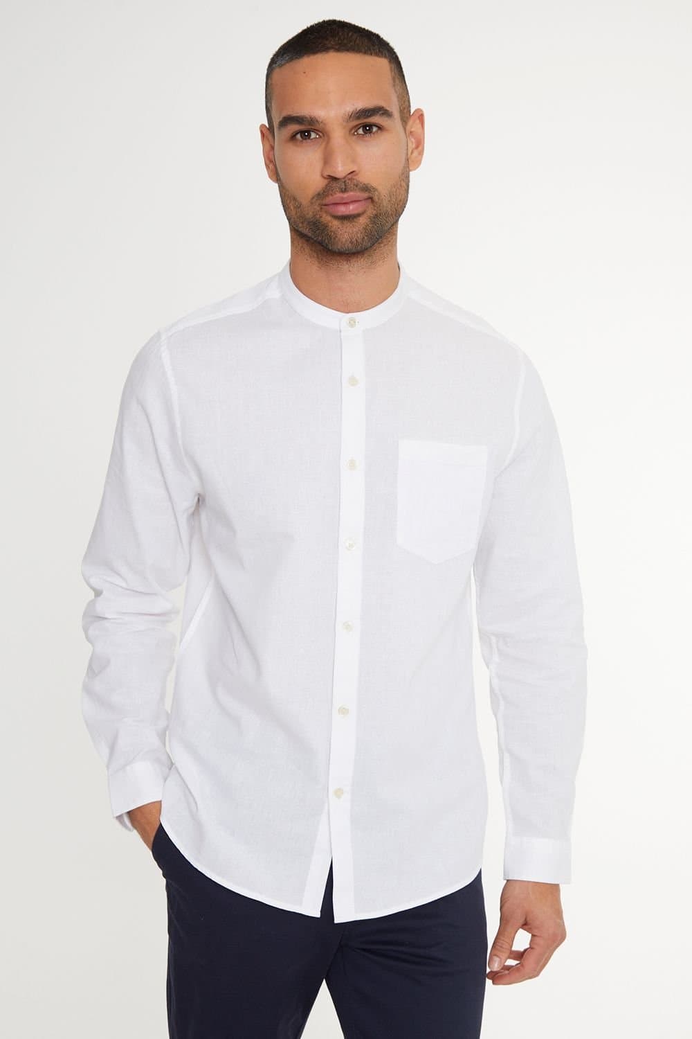 Threadbare Threadbare Men's Ushuaia' Linen Blend Long Sleeve Grandad Collar Shirt in White