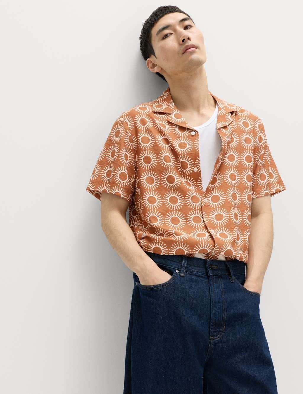 Marks & Spencer M&S Printed Short Sleeve Shirt Orange Mix