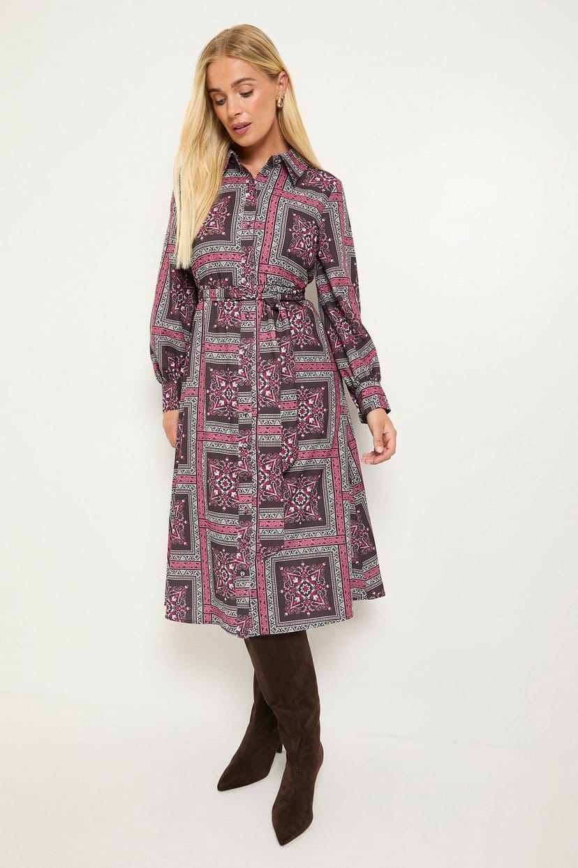 Wallis Wallis Women's Petite Scarf Print Relaxed Shirt Dress in Pink - 1