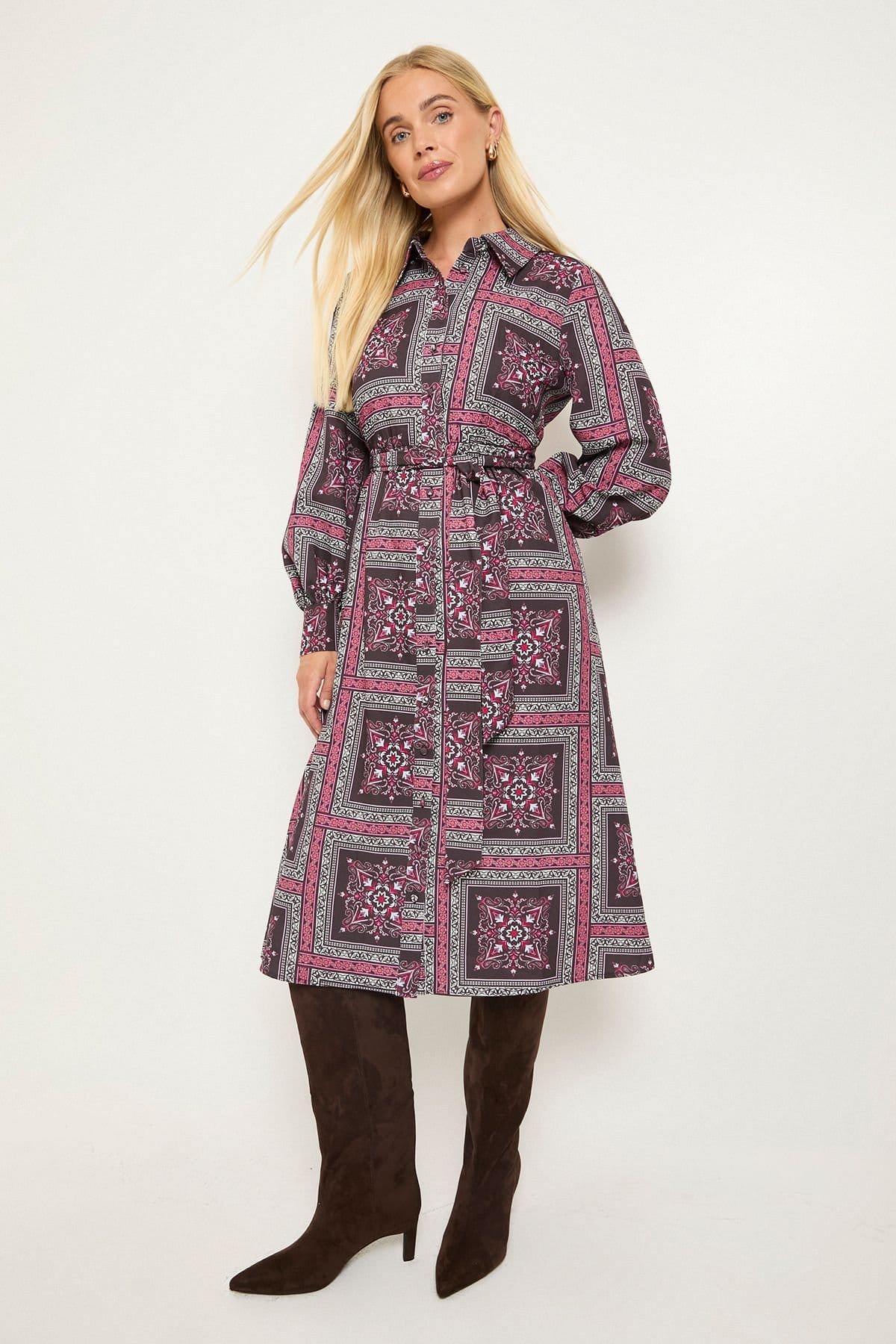 Wallis Wallis Women's Petite Scarf Print Relaxed Shirt Dress in Pink - 4