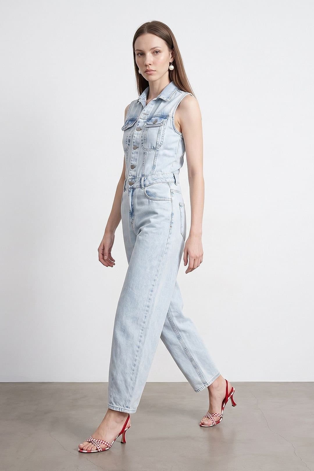Dilvin Dilvin Women's Cotton Denim Straight-Leg Overalls Jumpsuit in Light Blue