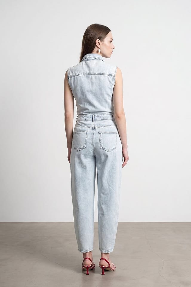 Dilvin Dilvin Women's Cotton Denim Straight-Leg Overalls Jumpsuit in Light Blue - 2
