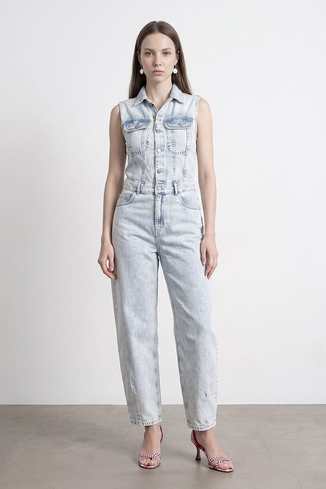 Dilvin Dilvin Women's Cotton Denim Straight-Leg Overalls Jumpsuit in Light Blue - 3