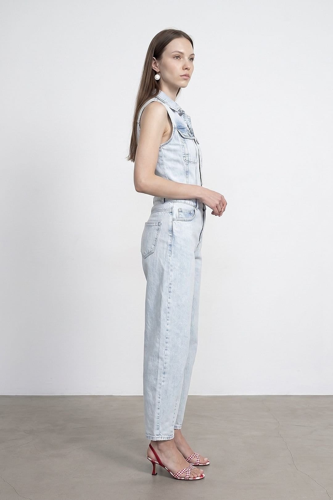 Dilvin Dilvin Women's Cotton Denim Straight-Leg Overalls Jumpsuit in Light Blue - 4