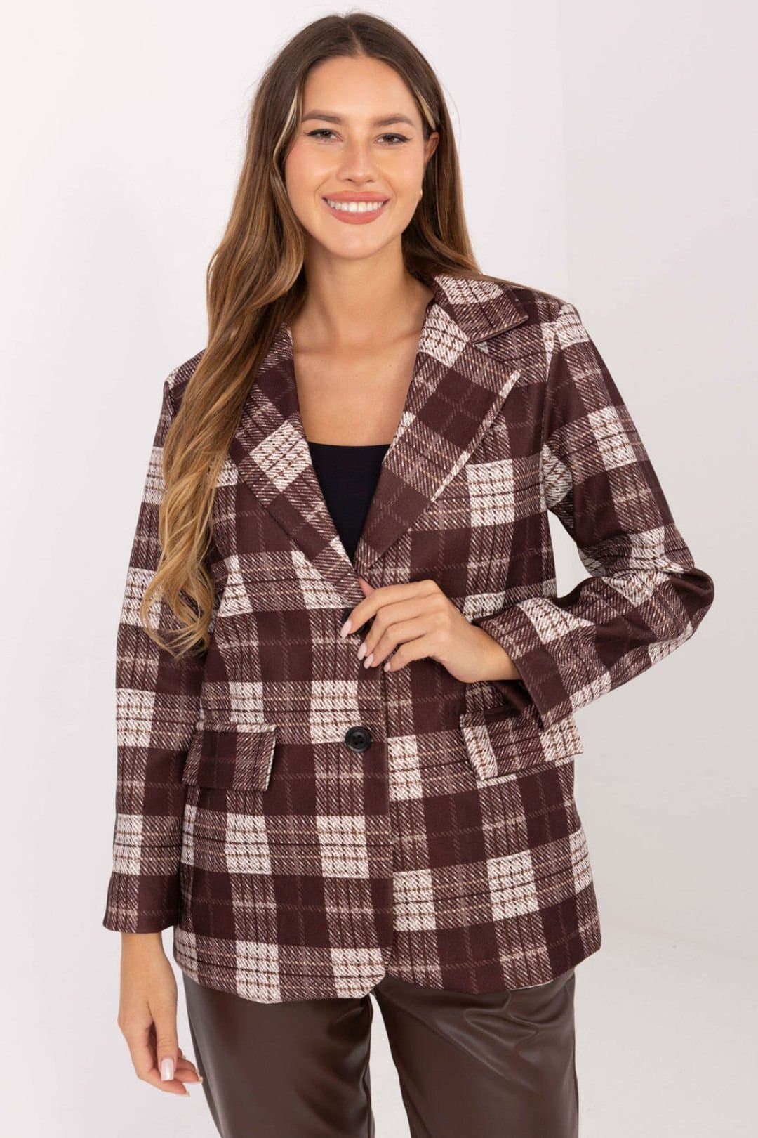 Love Lace Love Lace Women's Checkered Blazer with Lapels in Brown