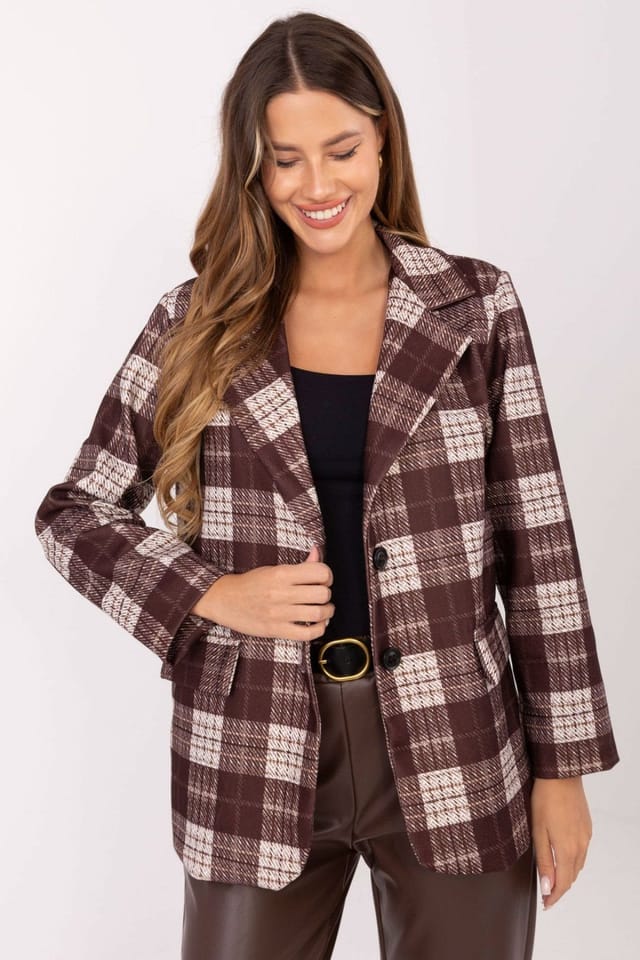 Love Lace Love Lace Women's Checkered Blazer with Lapels in Brown - 2