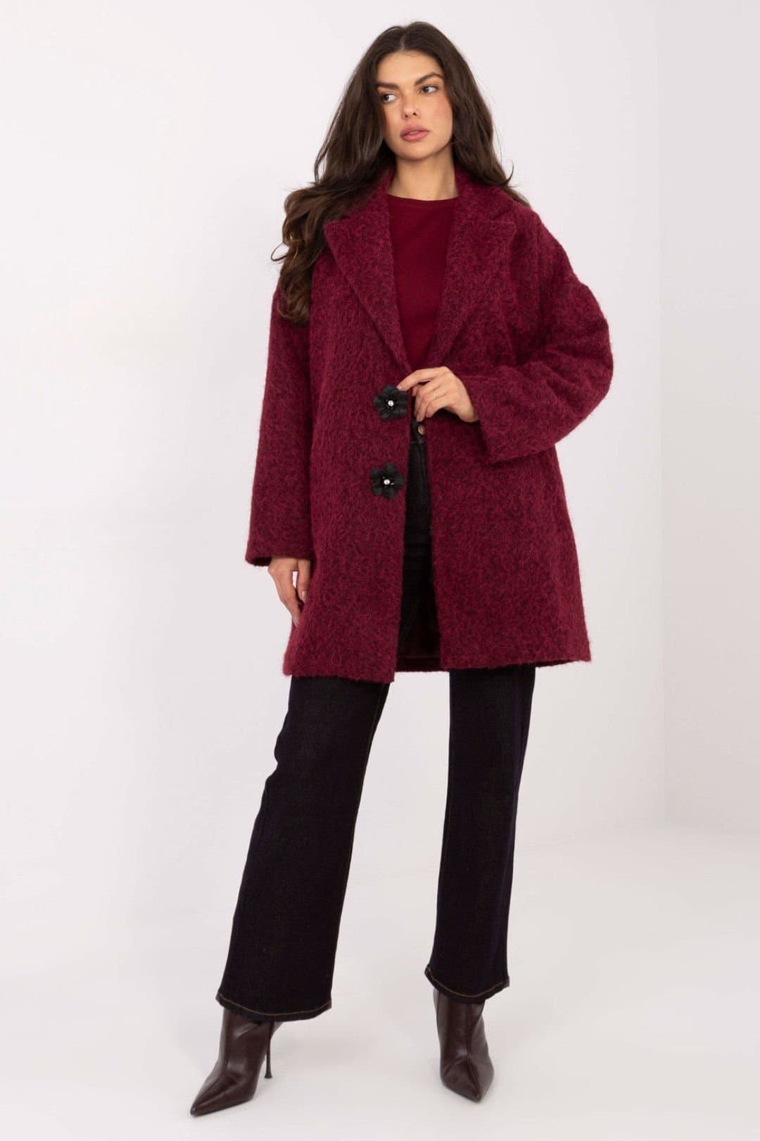 Love Lace Love Lace Women's Transitional Knee Length Button Coat with Brooch in Burgundy