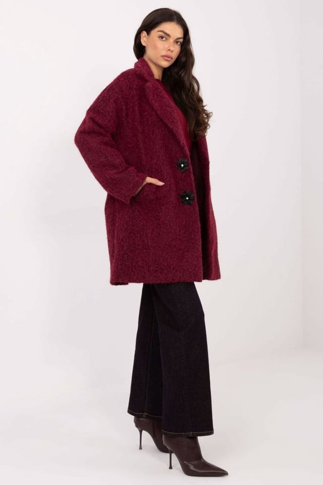 Love Lace Love Lace Women's Transitional Knee Length Button Coat with Brooch in Burgundy - 2