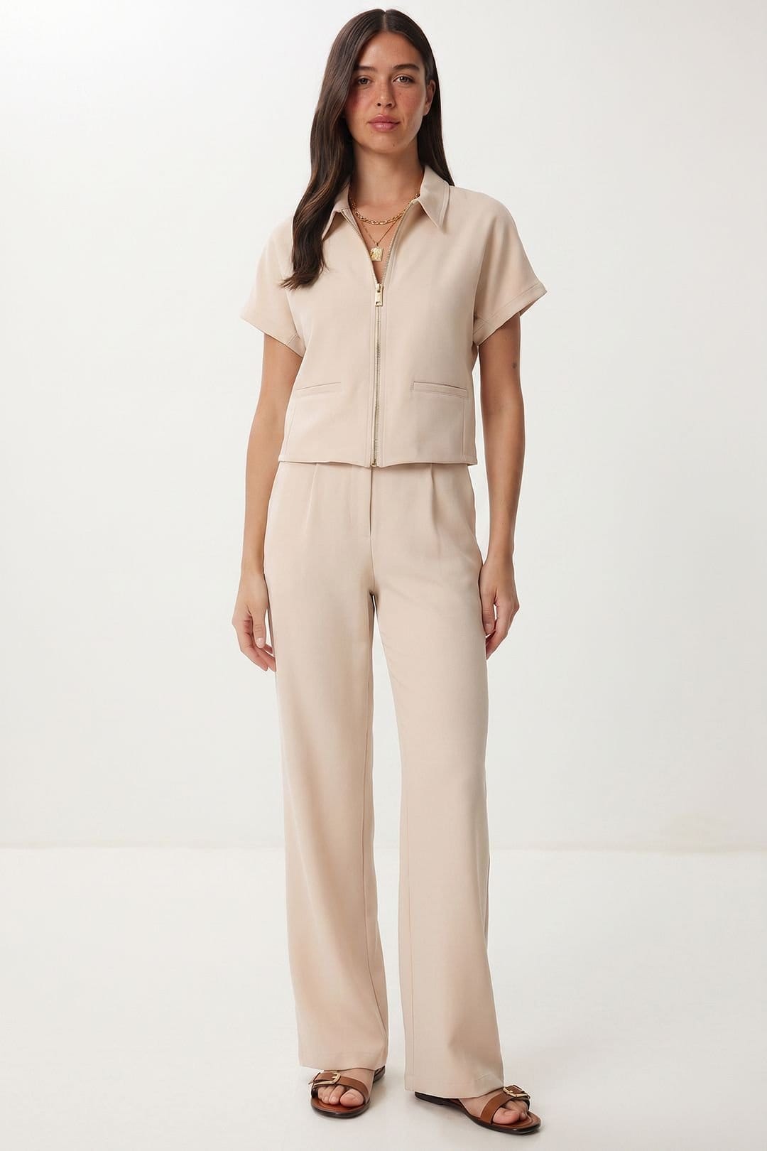 Happiness Istanbul Women's Vest & Wide-Leg Trouser Coord in Beige