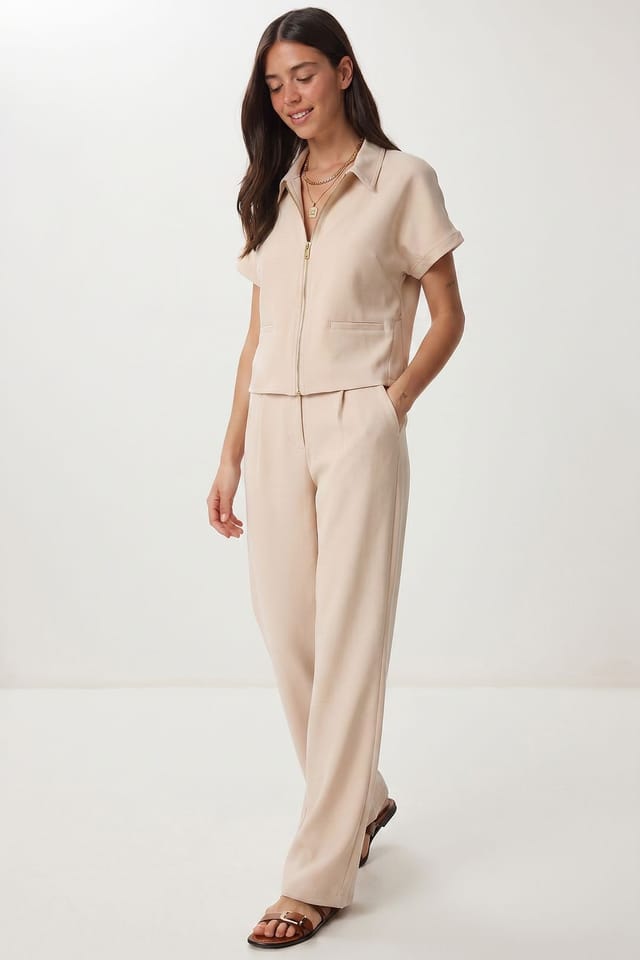 Happiness Istanbul Happiness Istanbul Women's Vest & Wide-Leg Trouser Coord in Beige - 2