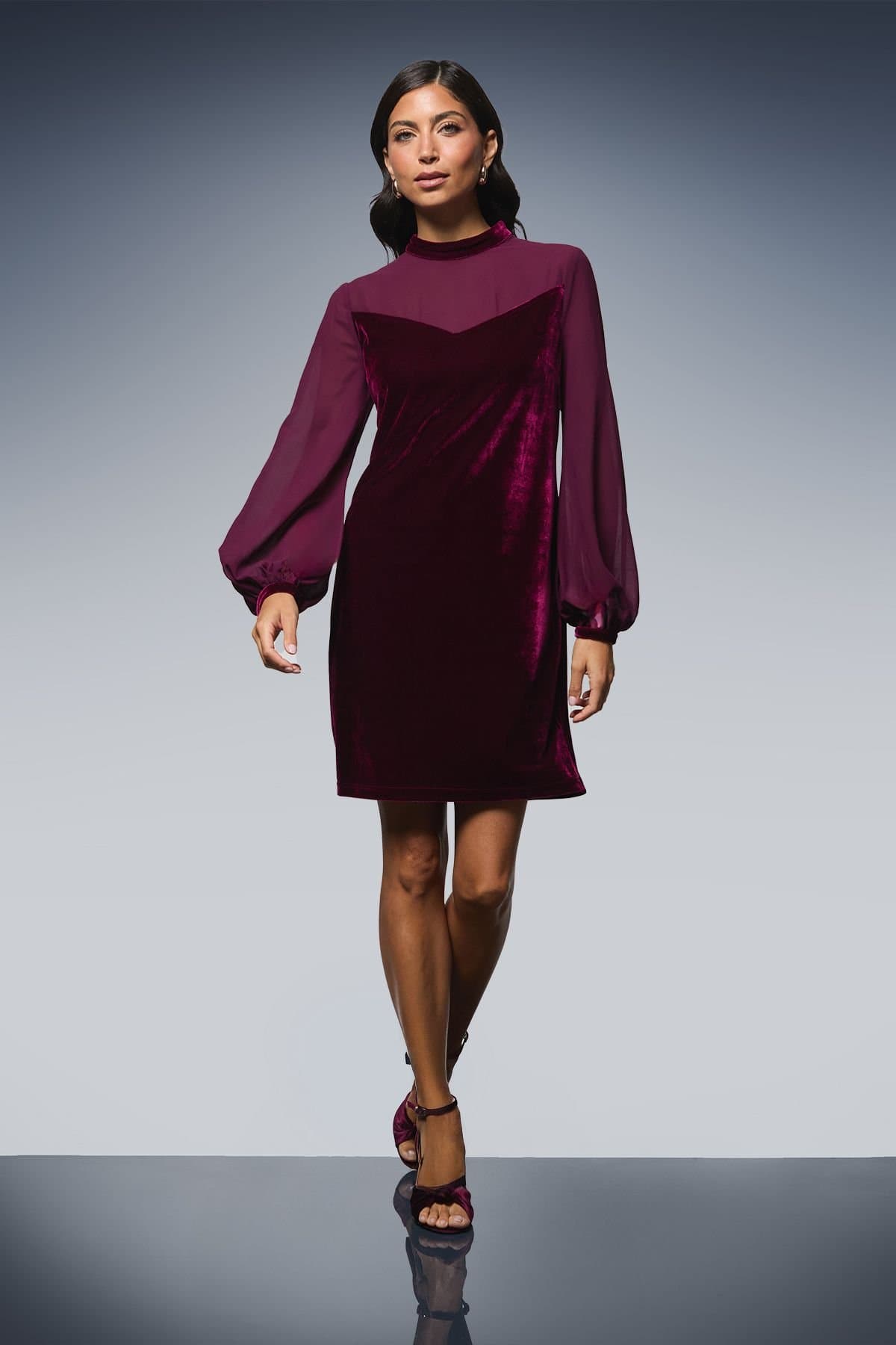 Wallis Wallis Women's Occasion Velvet Chiffon Sleeve Shift Dress in Wine