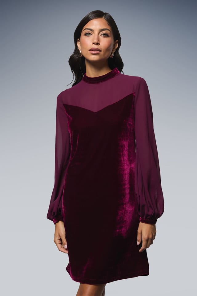 Wallis Wallis Women's Occasion Velvet Chiffon Sleeve Shift Dress in Wine - 2