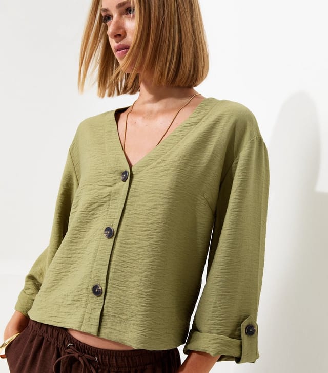 New Look Women's Dark Khaki Crinkle Texture V-Neck Shirt New Look - 2