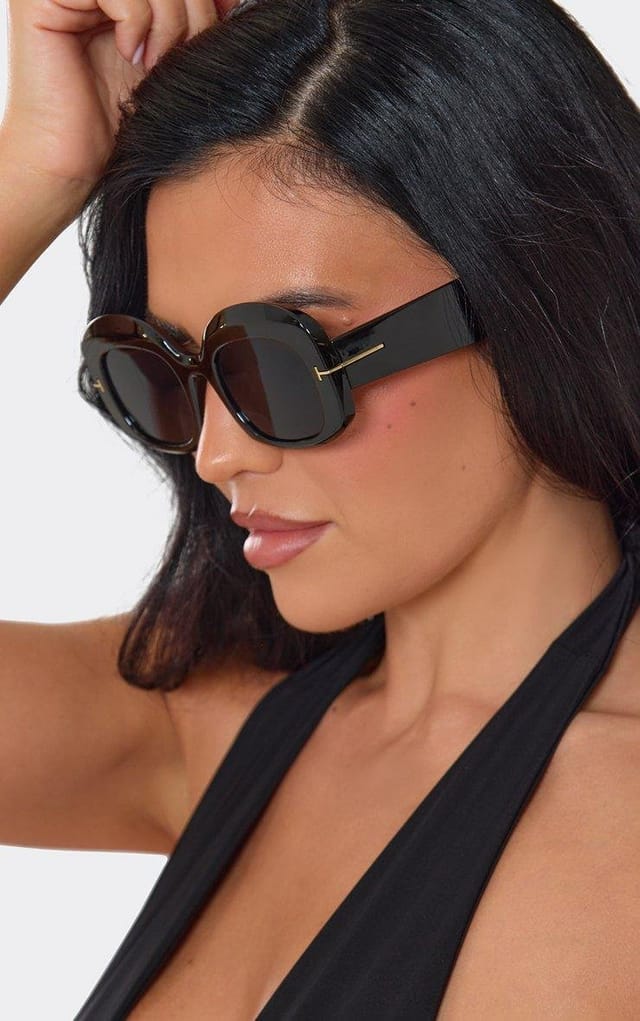 EGO Oversized Round Shaped Gold Trim Detail Thick Framed Sunglasses In Black, Women's Size UK 0 - 2