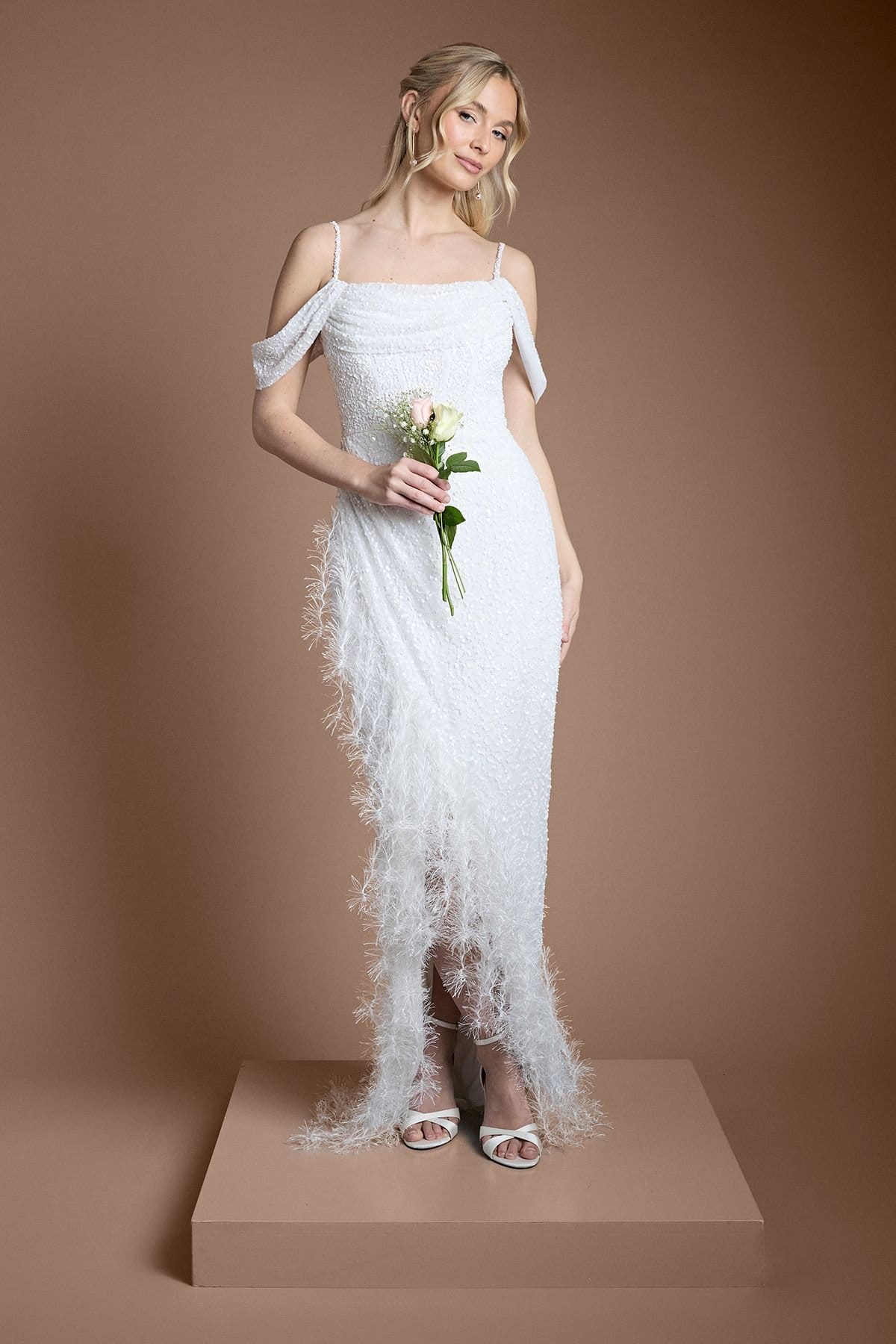 Coast Ivory Sequin Maxi Wedding Dress with Feather Trim