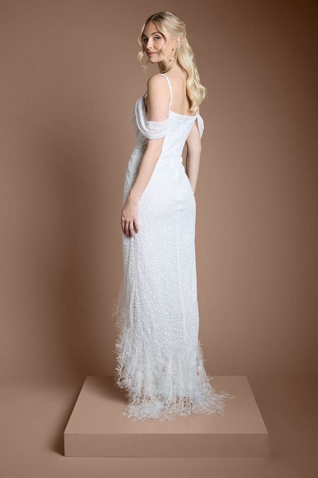 Coast Coast Women's Sequin Embellished Feather Trim Draped Bardot Maxi Wedding Dress in Ivory - 3