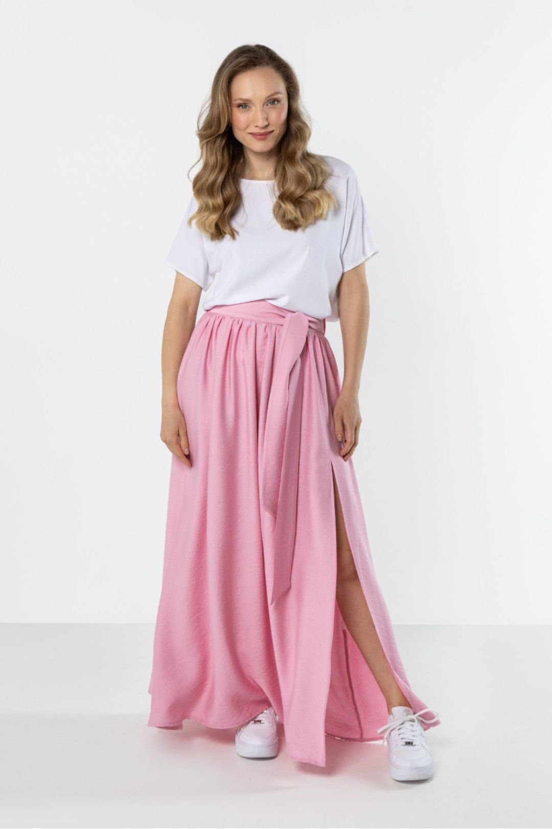 Love Lace Love Lace Pink Flowy High Waist Maxi Skirt with Tie