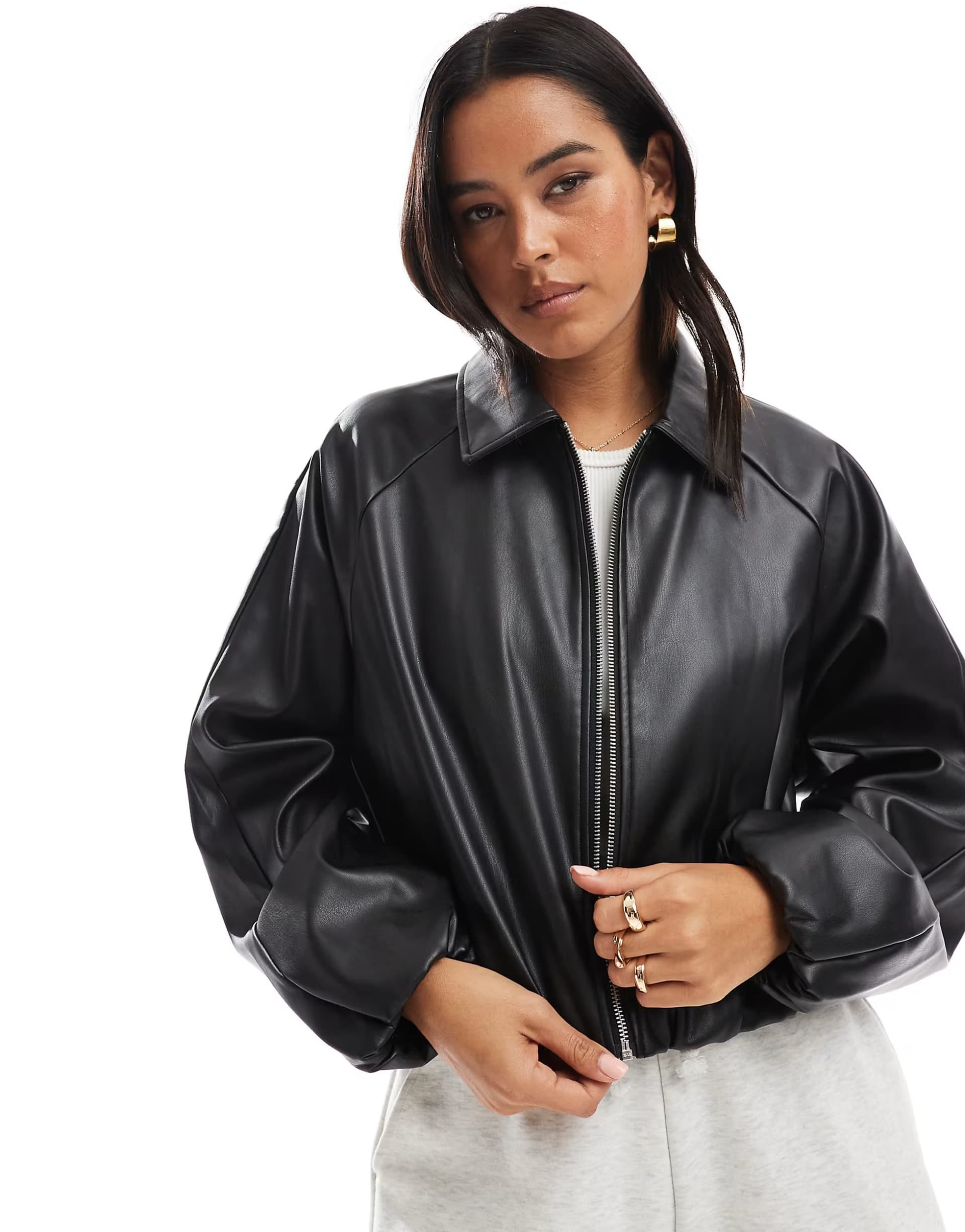 ASOS ONLY faux leather cropped bomber in black