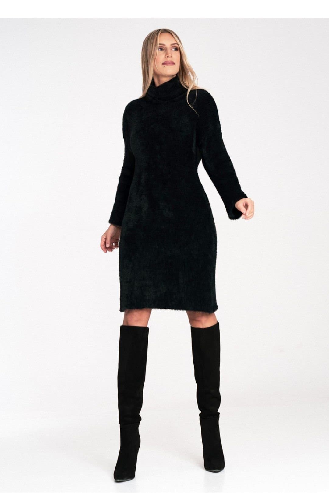 Love Lace Love Lace Women's Soft Fluffy Roll Neck Bell Sleeve Dress in Black