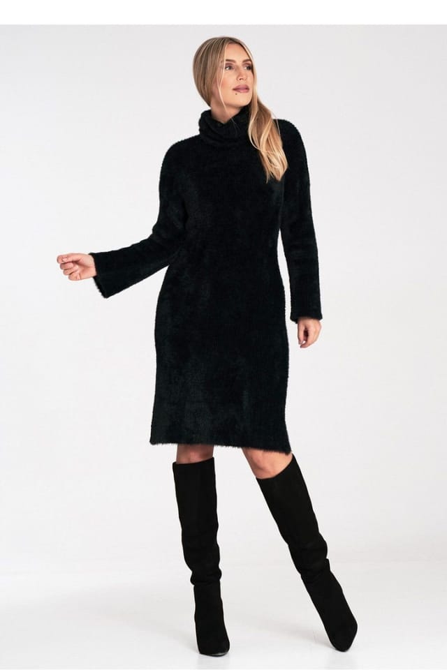 Love Lace Love Lace Women's Soft Fluffy Roll Neck Bell Sleeve Dress in Black - 2
