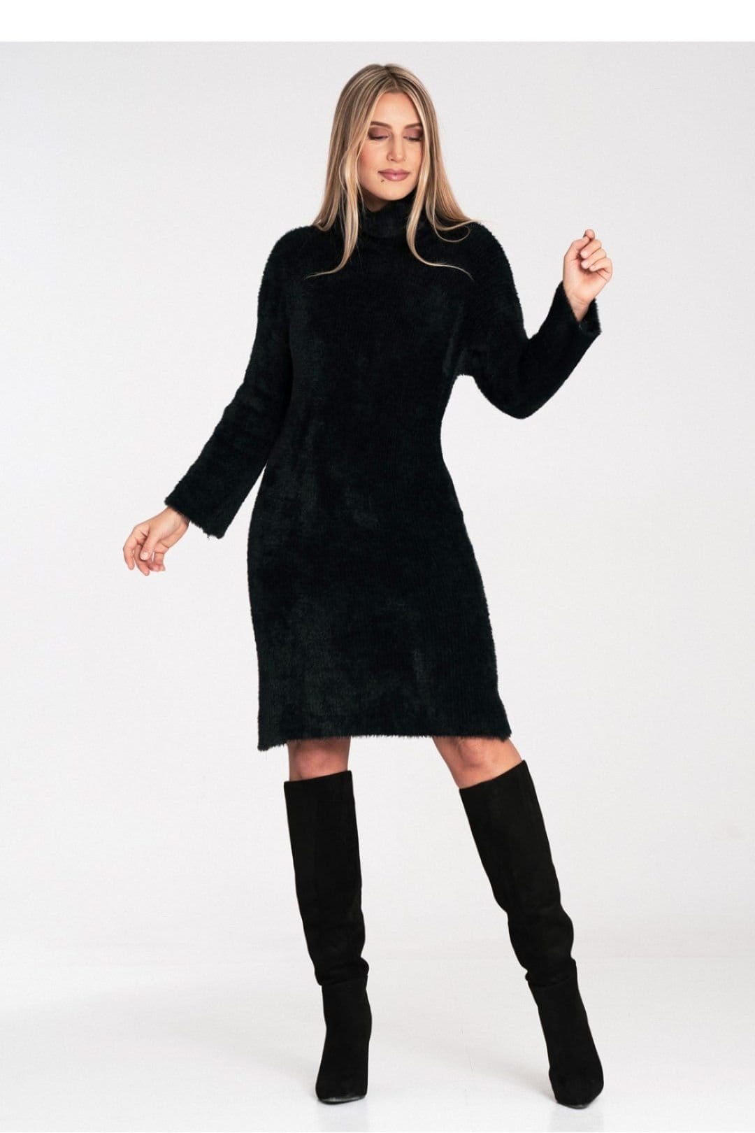 Love Lace Love Lace Women's Soft Fluffy Roll Neck Bell Sleeve Dress in Black - 4