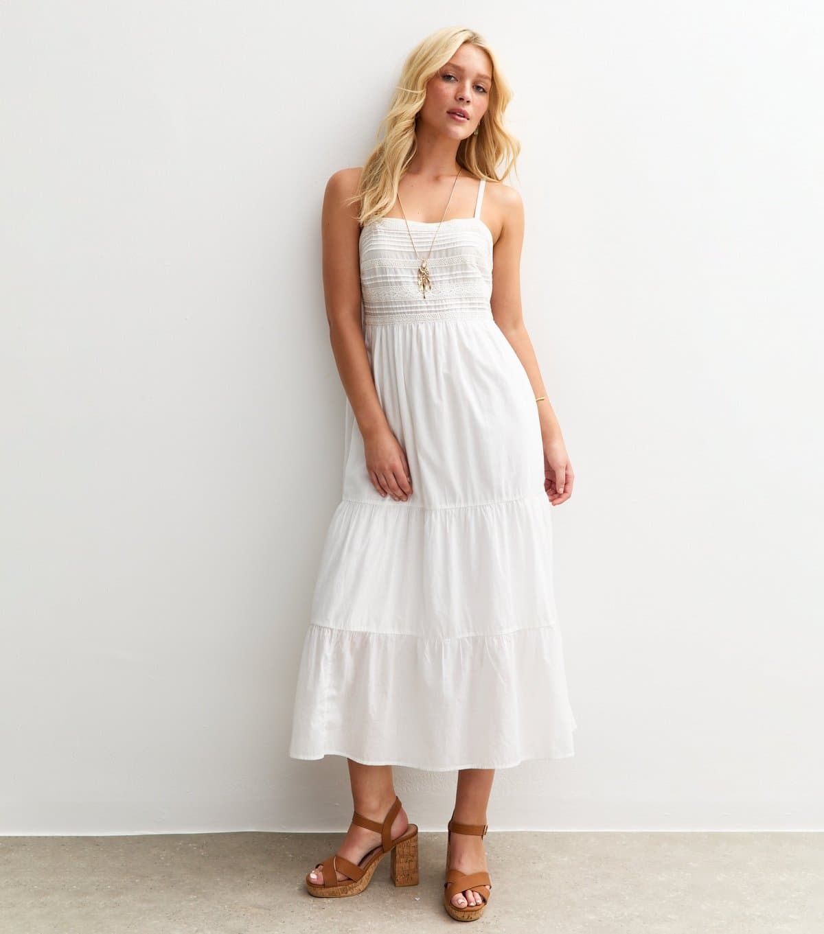 New Look Women's White Pintuck Lace Trim Strappy Midi Dress New Look