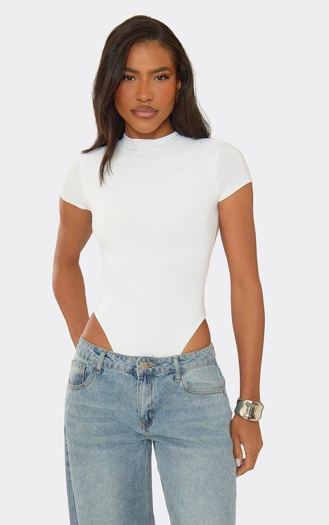 EGO Short Sleeve High Neck Bodysuit In White, Women's Size UK 6 - 2