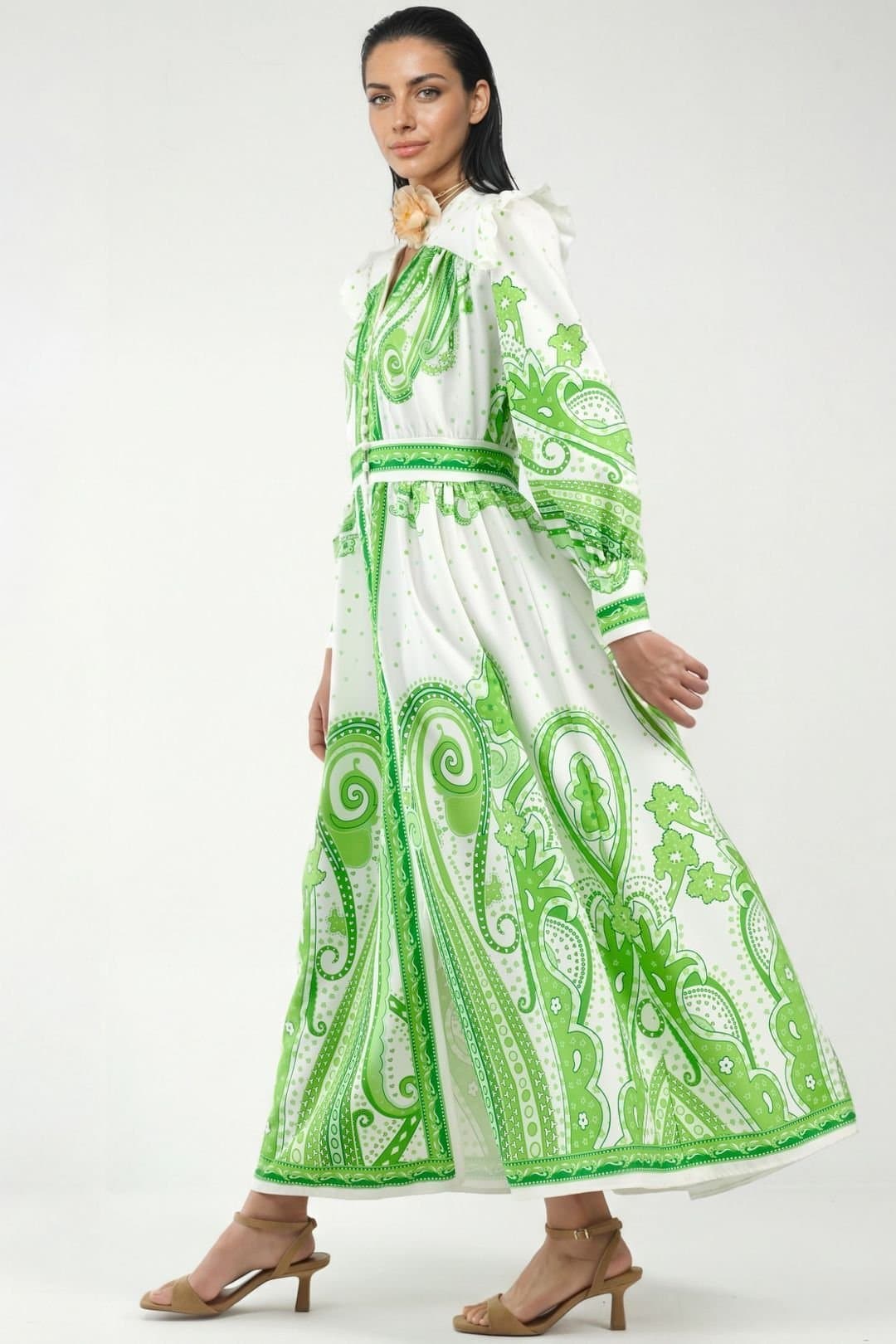 MSN Collection MSN Collection Women's V-Neck Paisley Maxi Dress with Slit in Green