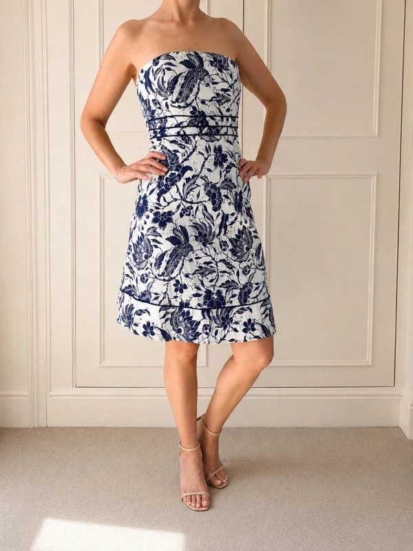 Rémy Remy navy white batik floral strapless dress / US S / UK 8-10 / wedding guest