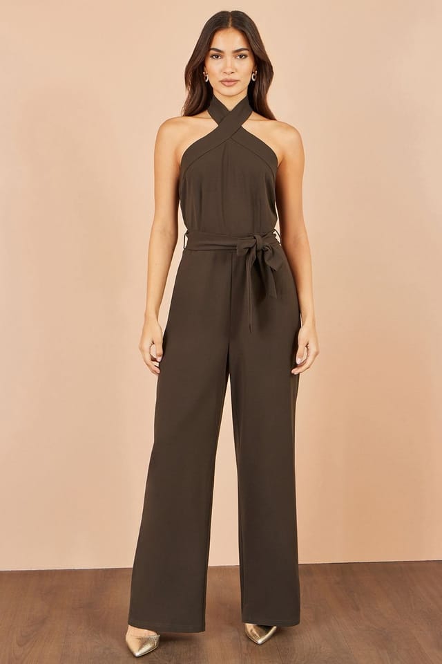 Yumi Yumi Women's Brown Cross Over Halter Neck Jumpsuit - 2