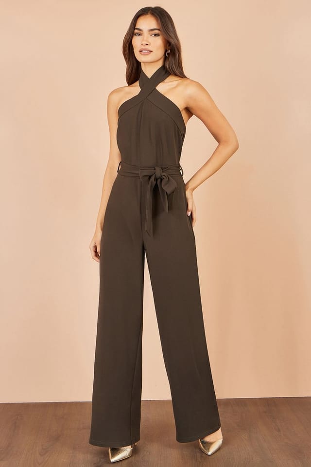 Yumi Yumi Women's Brown Cross Over Halter Neck Jumpsuit - 3