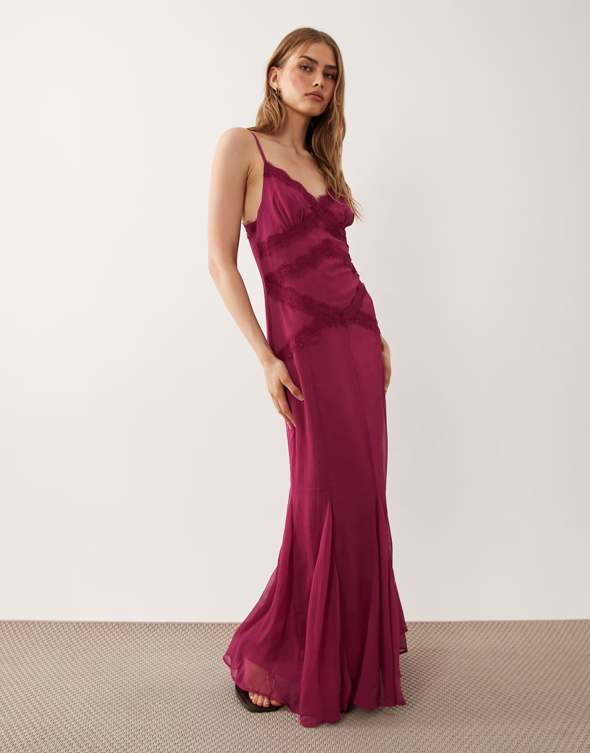 ASOS ASOS DESIGN slip shift lace trim midi dress with godets in berry