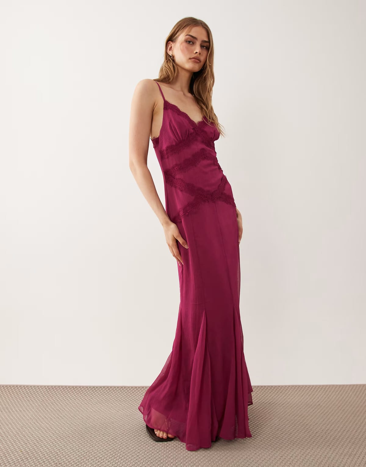 ASOS ASOS DESIGN slip shift lace trim midi dress with godets in berry - 1