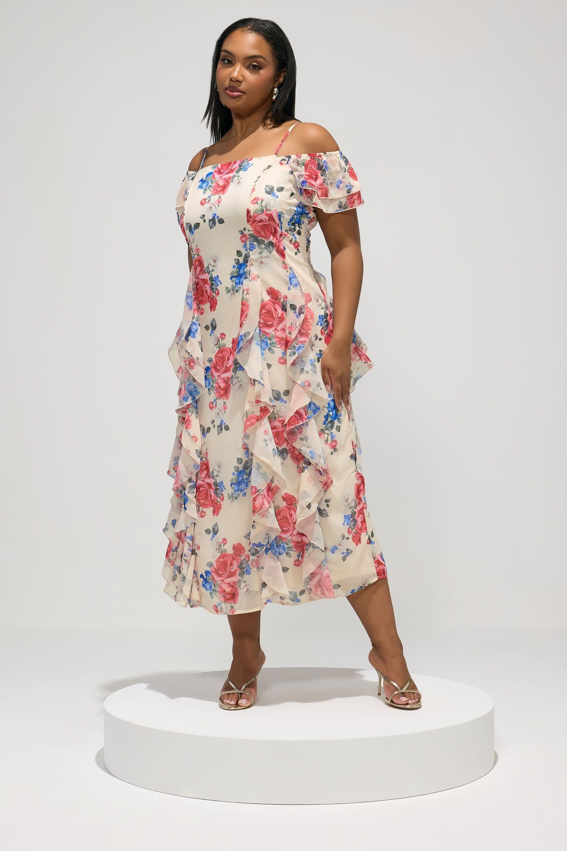 Yours Yours Women's Floral Ruffle Dress in Cream - 4