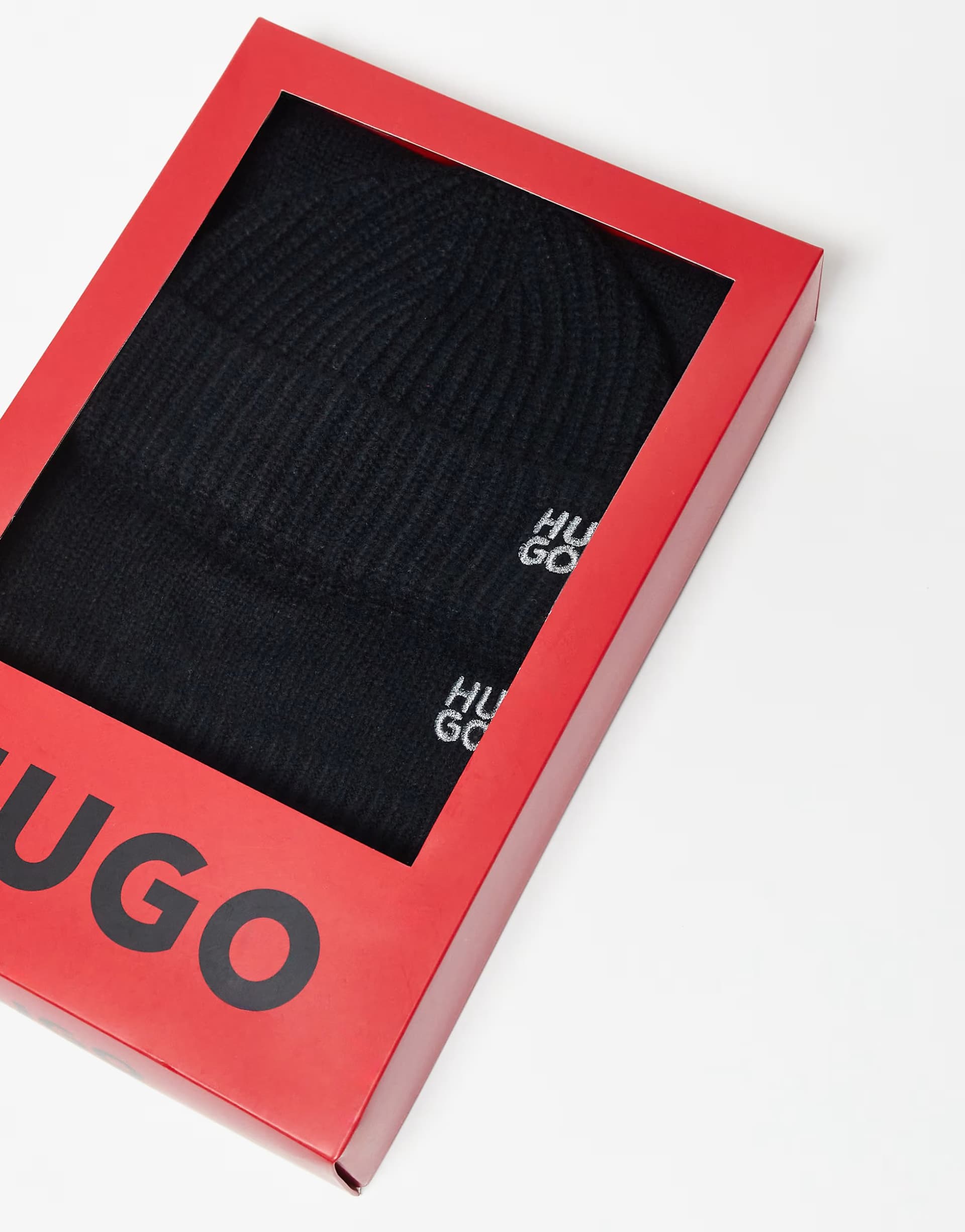ASOS HUGO Red beanie and scarf set in black