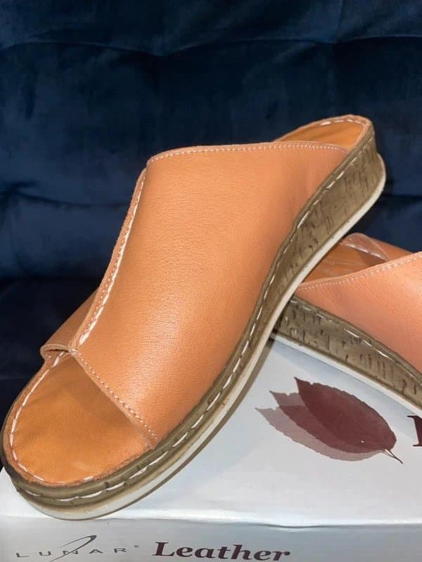 Lunar leather NEW Tan Brown / Mustard real soft leather cork wedge low kitten heel comfy sandals Lunar summer UK 5