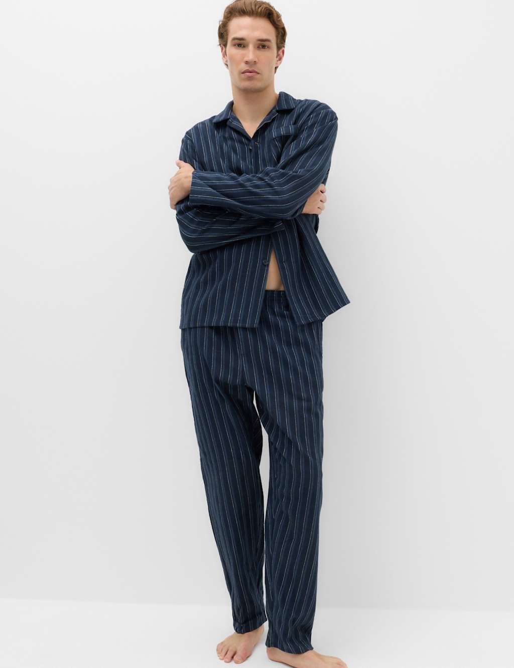 Marks & Spencer M&S Pure Cotton Brushed Stripe Pyjama Set Navy Mix