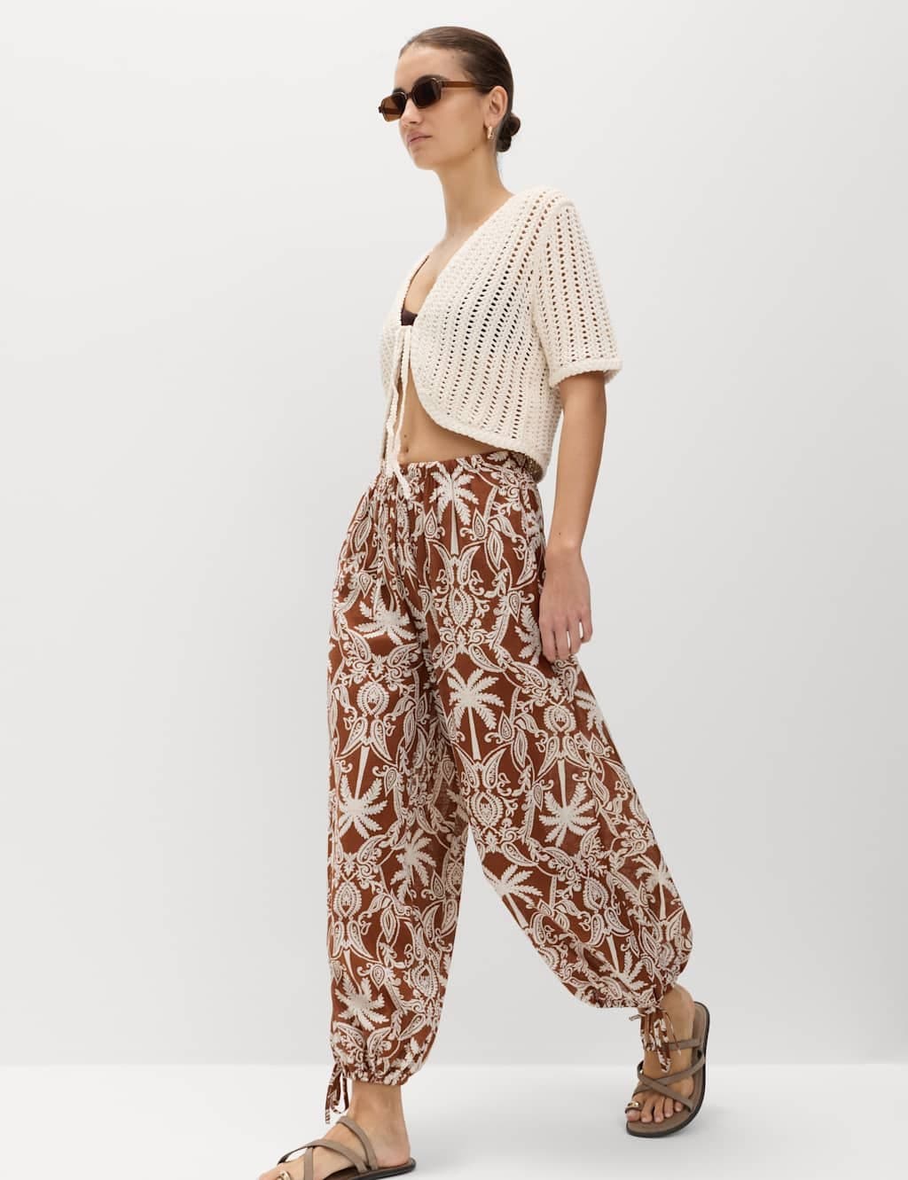 Marks & Spencer M&S Pure Cotton Printed Bubble Hem Beach Trousers Brown Mix