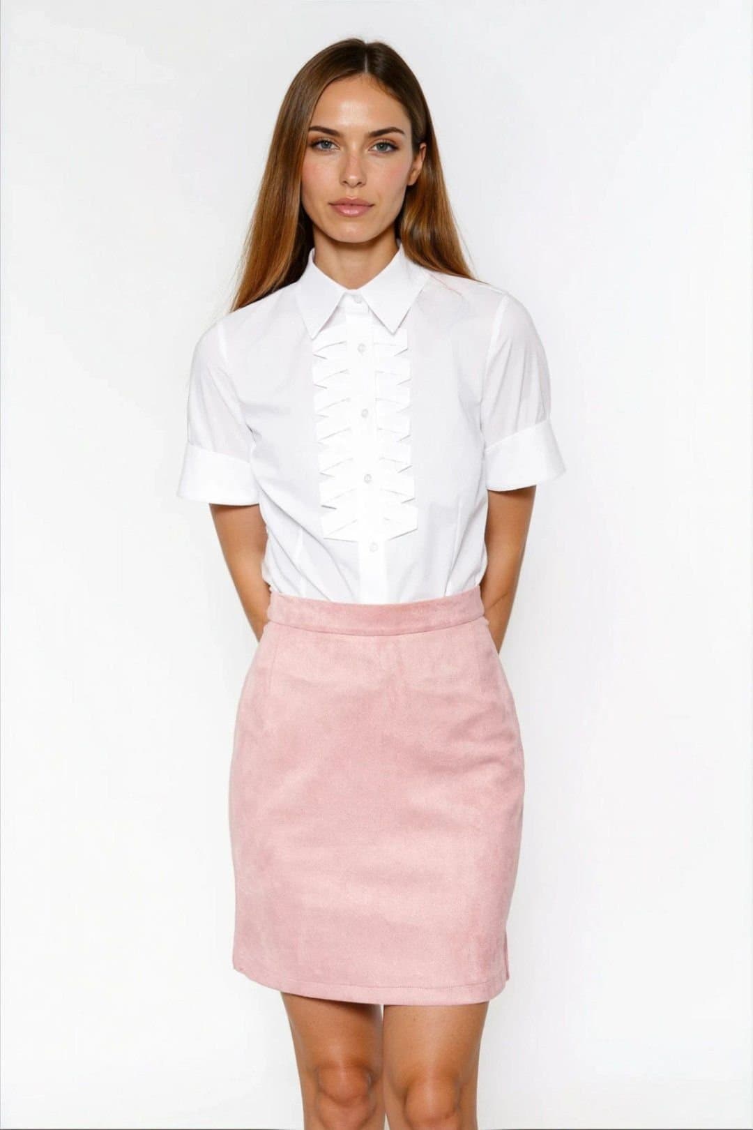 Love Lace Love Lace White Cotton Pleated Short Sleeve Office Shirt