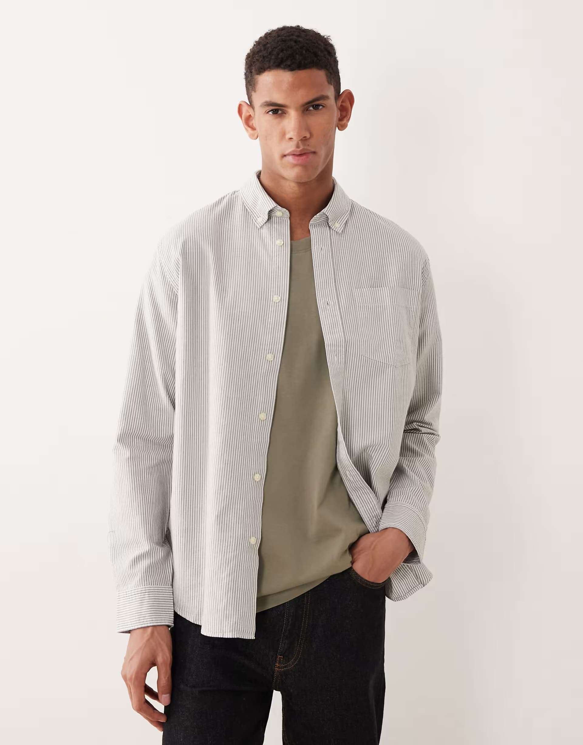ASOS Selected oxford shirt in dark green stripe