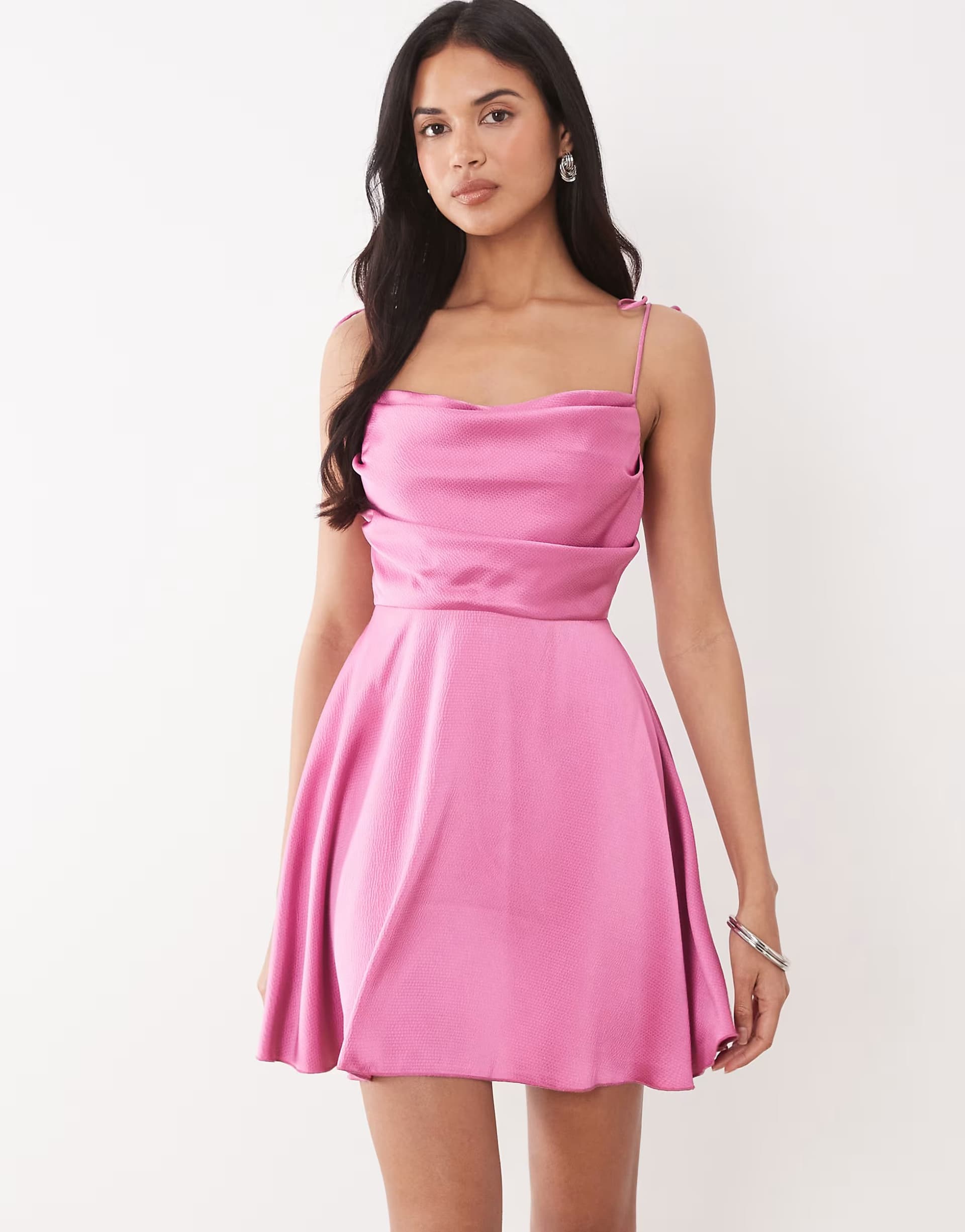 ASOS Rare London satin ruched bust tie back floaty mini dress in pink