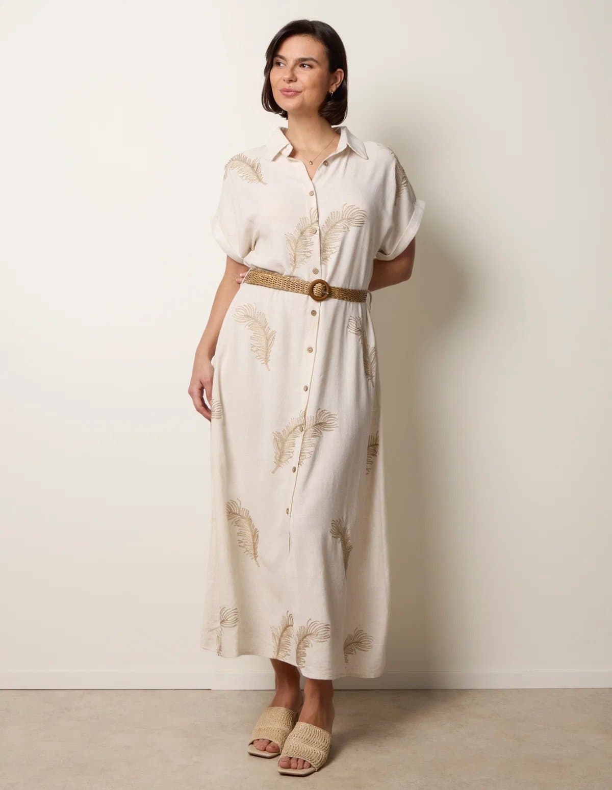 Blue Vanilla Linen Belted Dress With Feather Embroidery