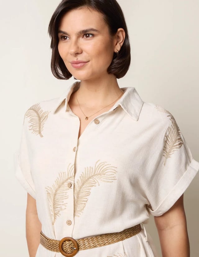 Blue Vanilla Linen Belted Dress With Feather Embroidery - 2