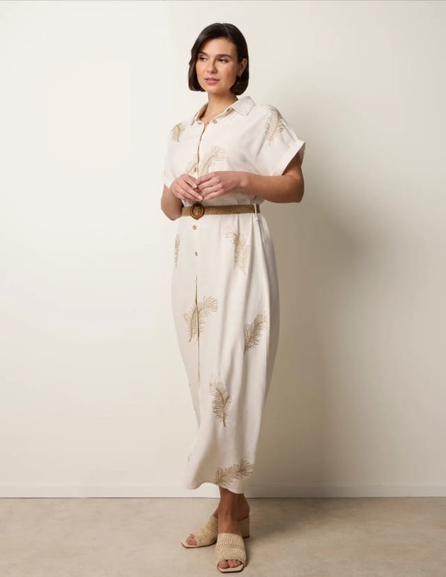Blue Vanilla Linen Belted Dress With Feather Embroidery - 3