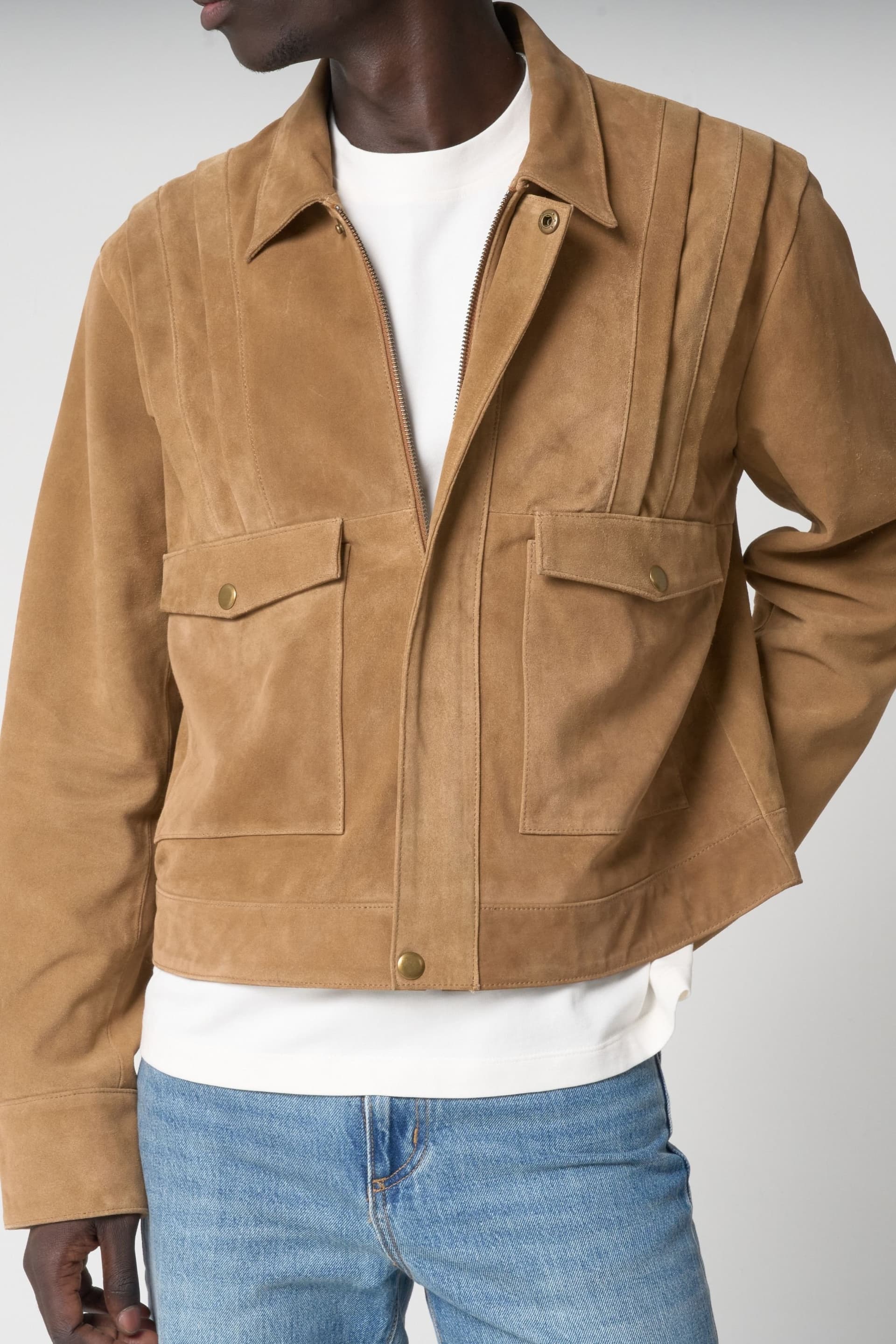 Barneys Originals Barneys Originals Men's Pleated Real Suede Harrington Jacket in Tan