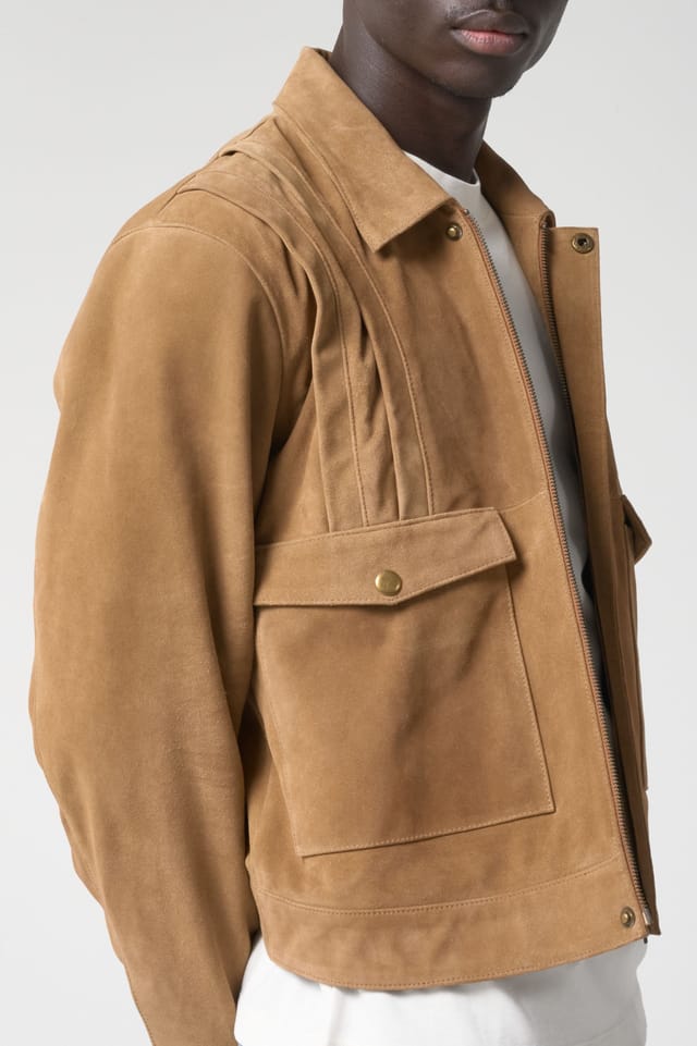 Barneys Originals Barneys Originals Men's Pleated Real Suede Harrington Jacket in Tan - 2